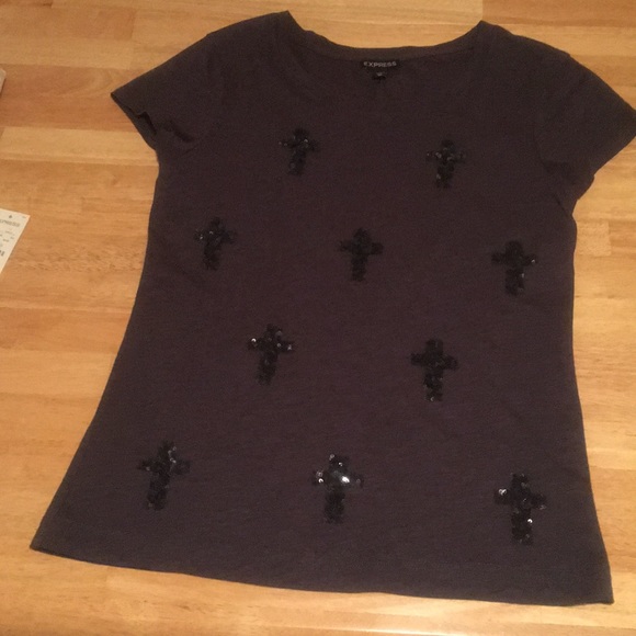 Express Charcoal Gray Sequin Cross T Shirt - Picture 1 of 5